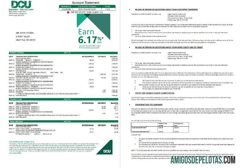 Exemplo de 5 páginas do banco da União de Crédito Federal Digital (DCU) dos EUA Massachusetts